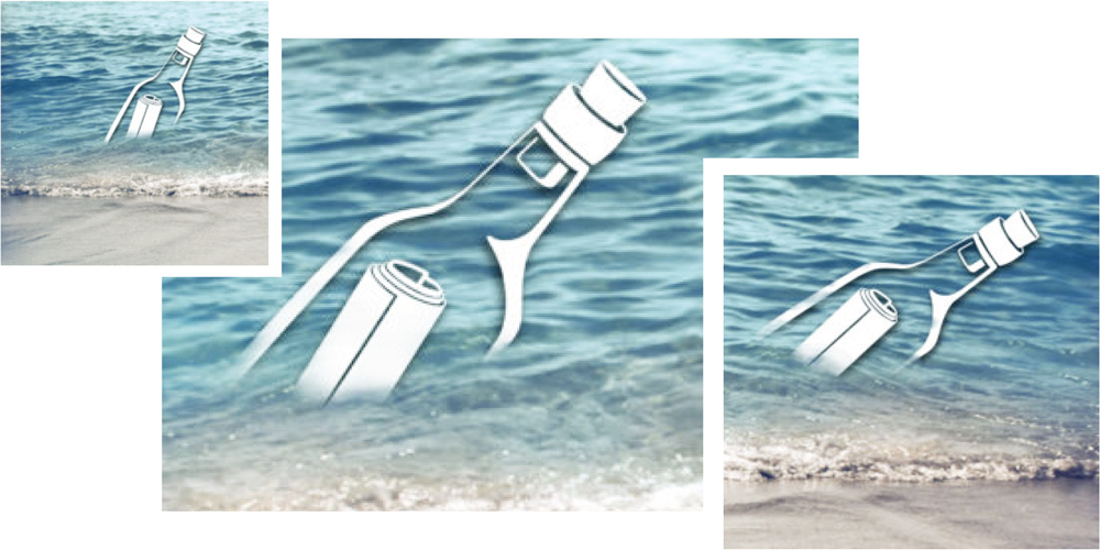 Trois photomontages superposés représentant une bouteille en mouvement secouée par les vagues dans la mer